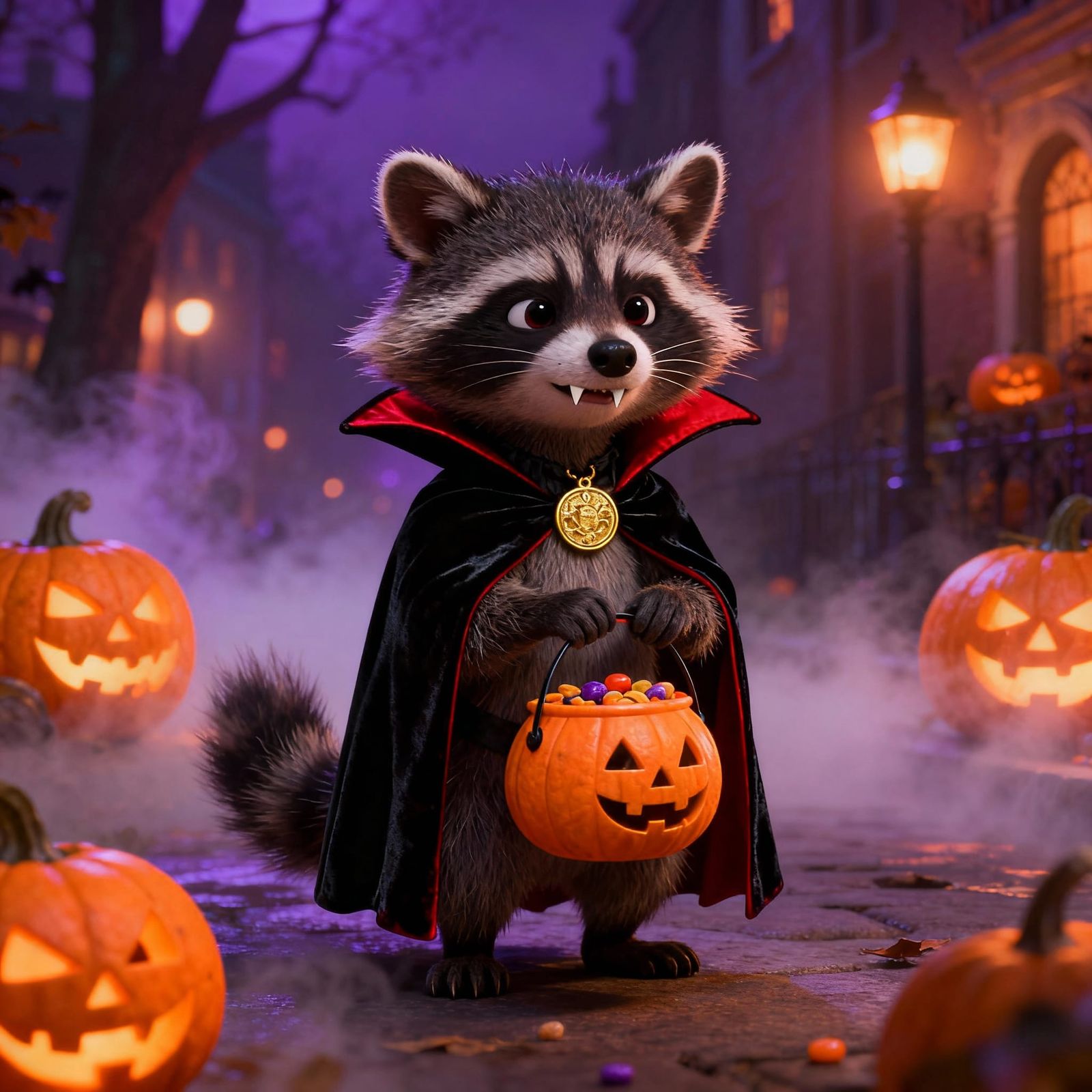 Adorable Vampire Raccoon on Misty Halloween Street