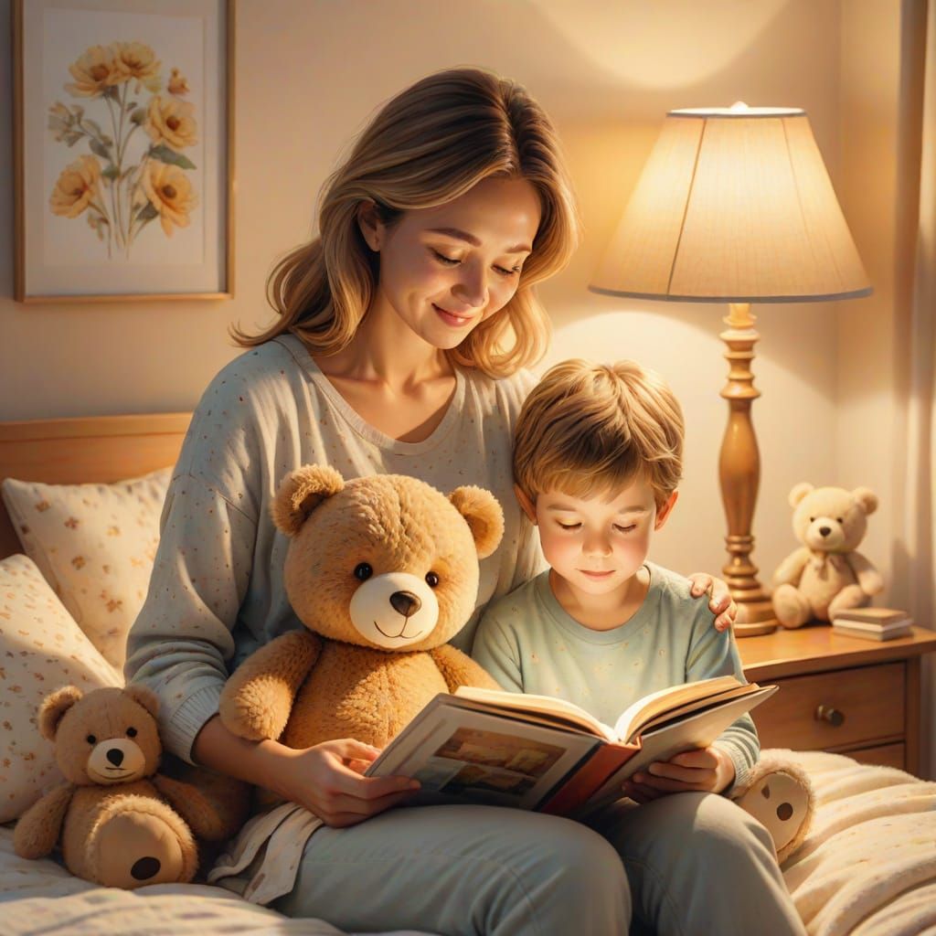 Cozy Mom and Son Reading: Watercolor Illustration