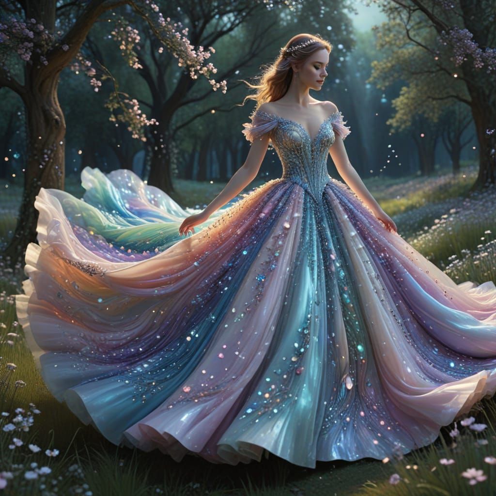 Mother-of-Pearl Gown with Shifting Rainbows in Moonlit Meado...