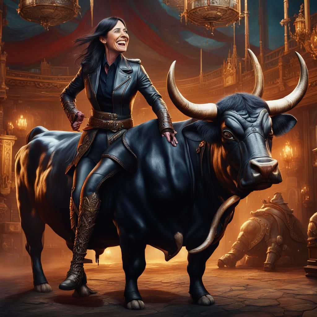 Woman in Leather Observes Bull Abusing Man: Matte Painting