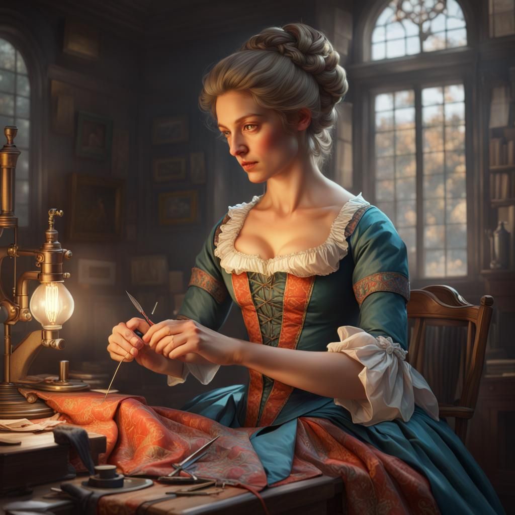 Seamstress Sewing Dress, 1700s Portrait, Detailed Lighting