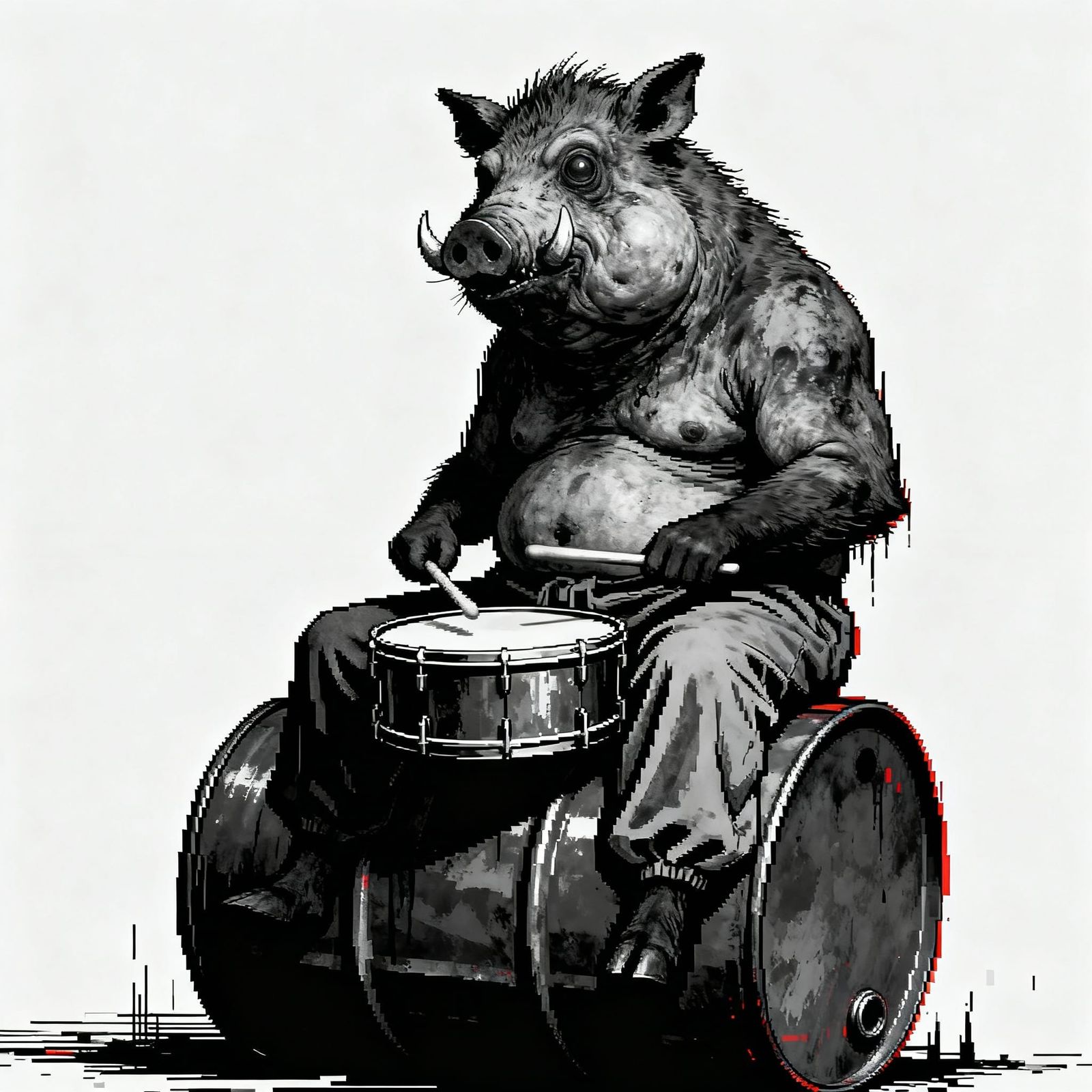 Grotesque Boar Drummer in Stark Glitch Art