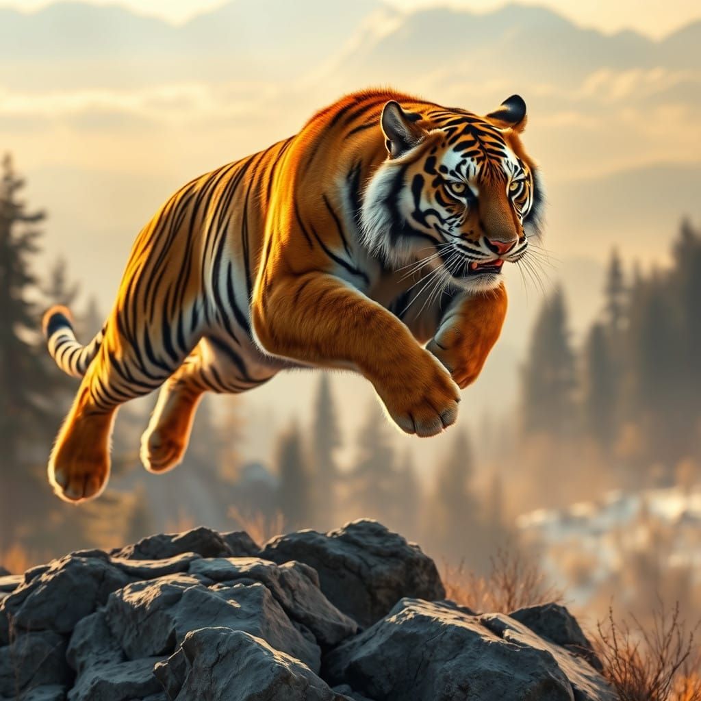 Siberian Tiger in Majestic Mid-Air Leap