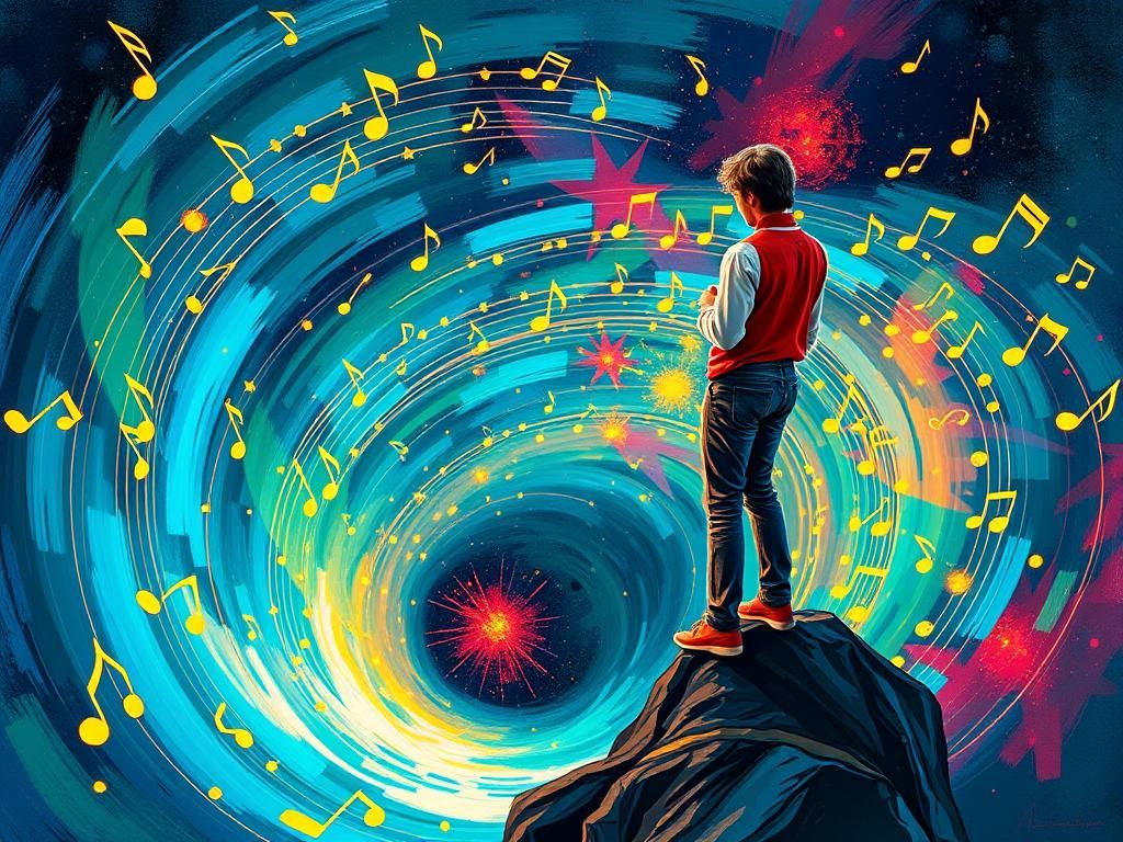 Musician at Vortex of Shimmering Music Notes