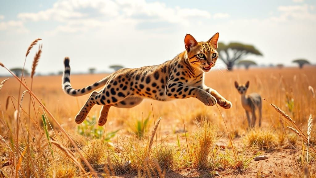 Savannah Cat Leaps Across Sun-Drenched African Grasslands in...