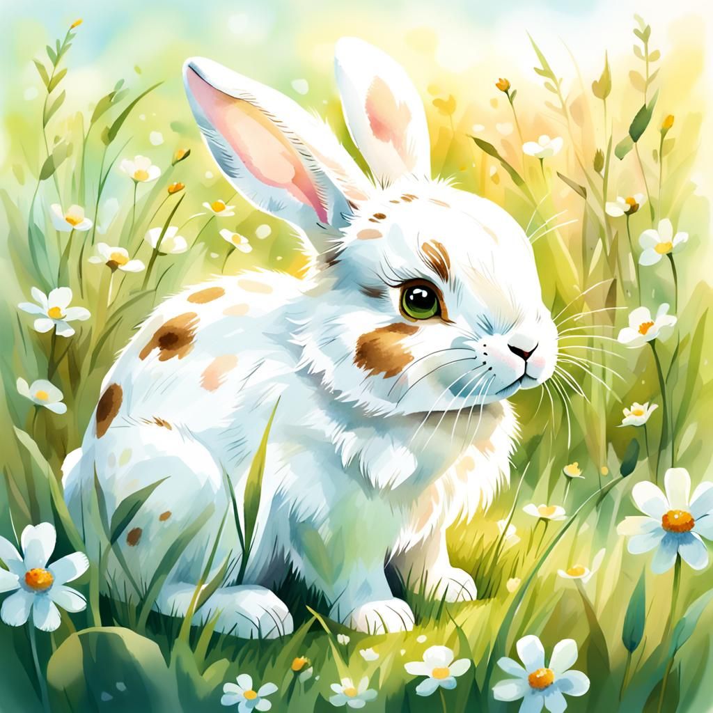 Watercolor Bunny in Meadow with Pastel Colors