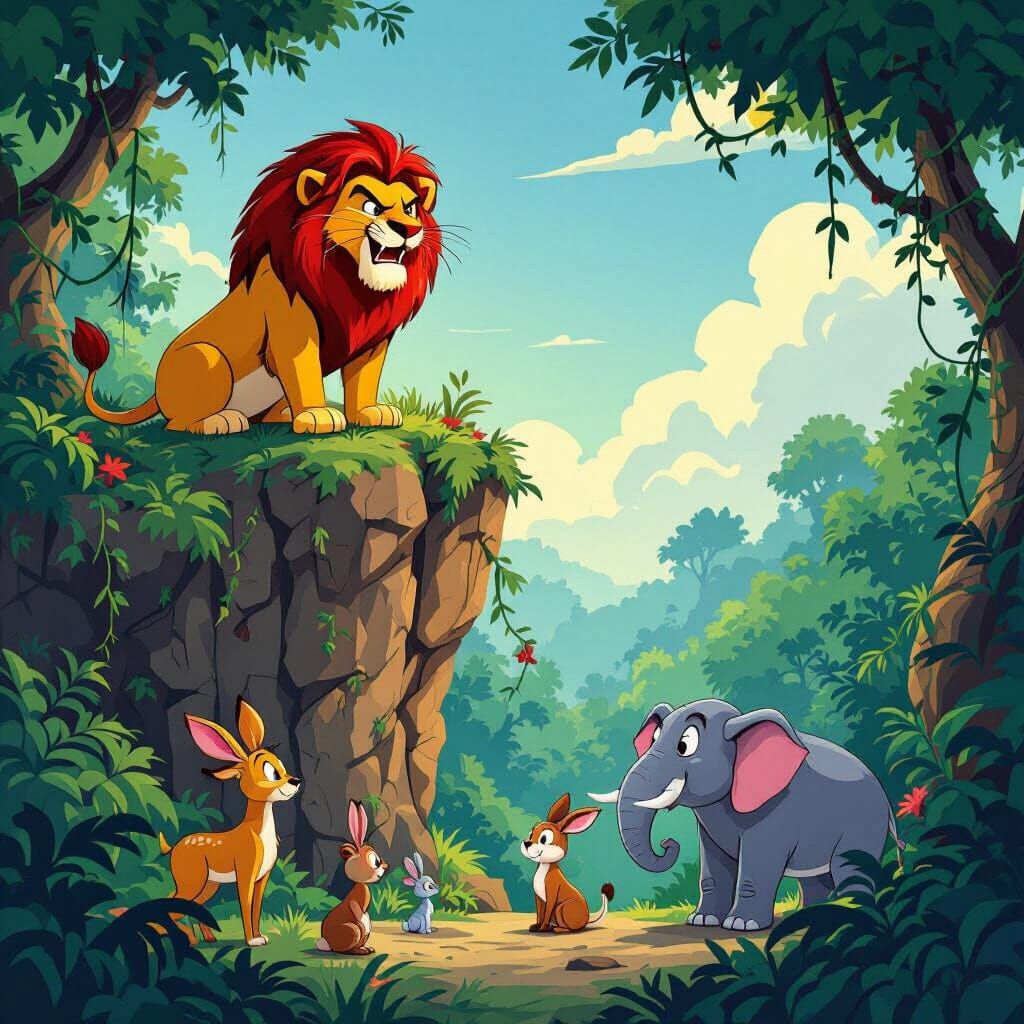 Angry Lion Overlooking Jungle Animals in Cartoon Style