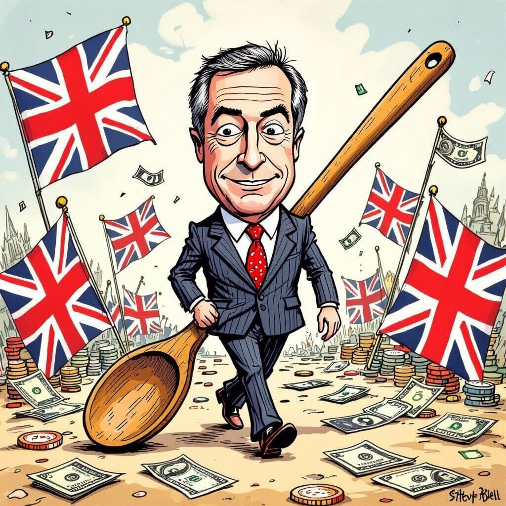 Cartoon Spoon Politician Surrounded by Flags and Money