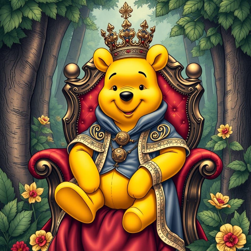 Regal Winnie the Pooh on Forest Throne