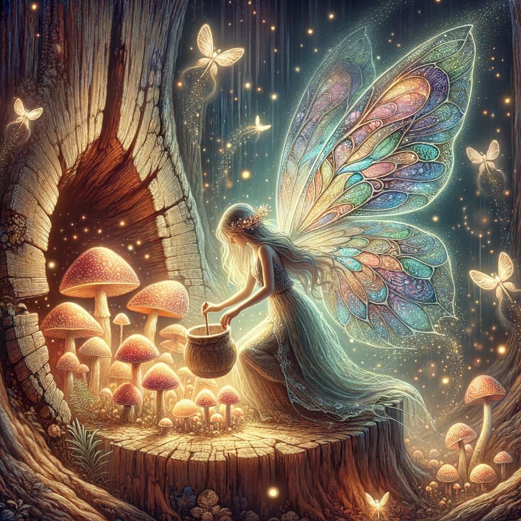 Ethereal Fairy Tends Glowing Mushroom Garden in Ancient Tree
