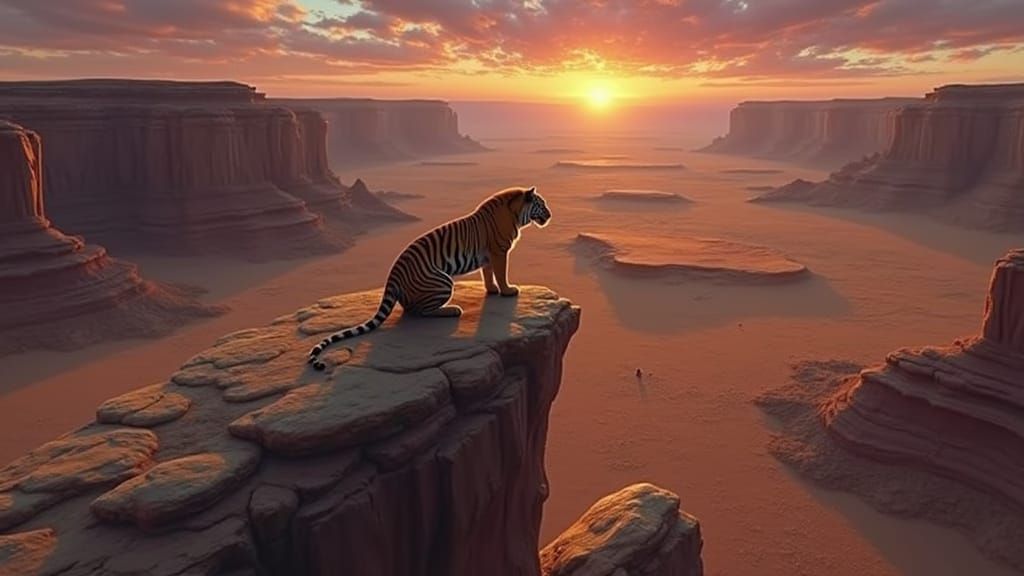 Majestic Tiger on Desert Rock at Sunset