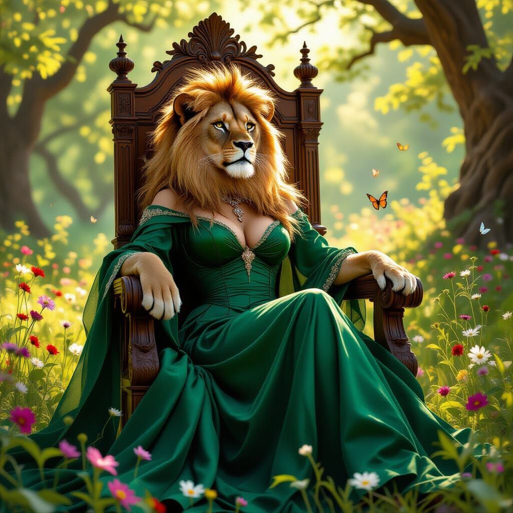 Lioness in Emerald Gown on Oak Throne