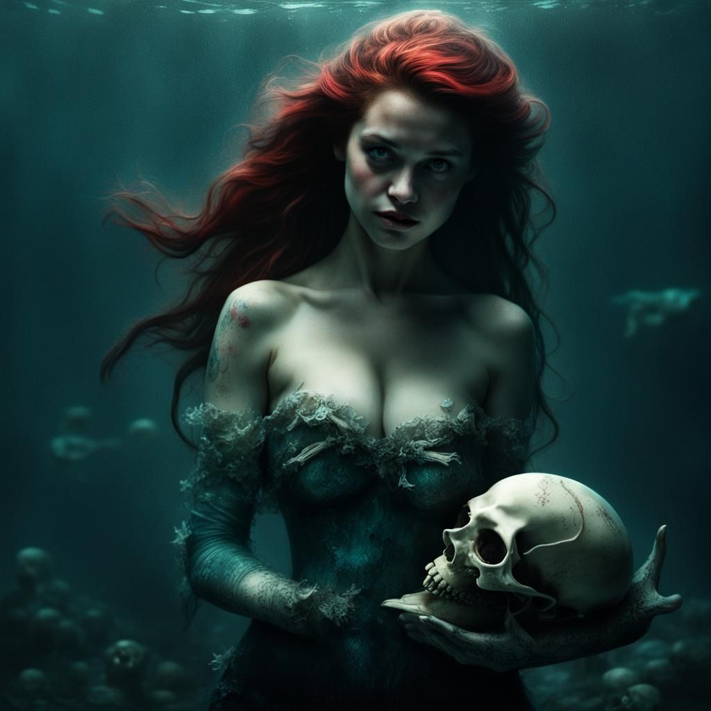 Horror Mermaid with Skull Underwater Portrait