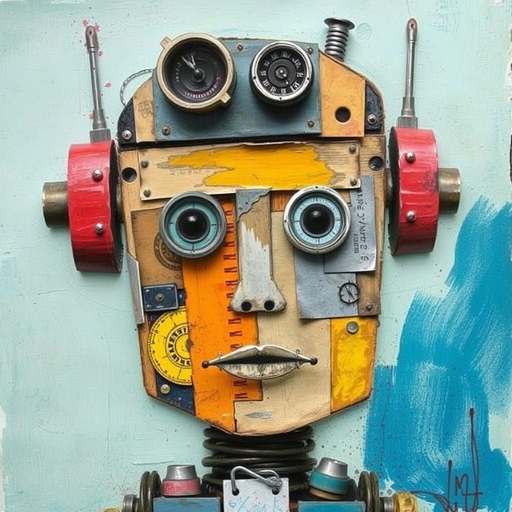 Scrap Robot Portrait in Mixed Media