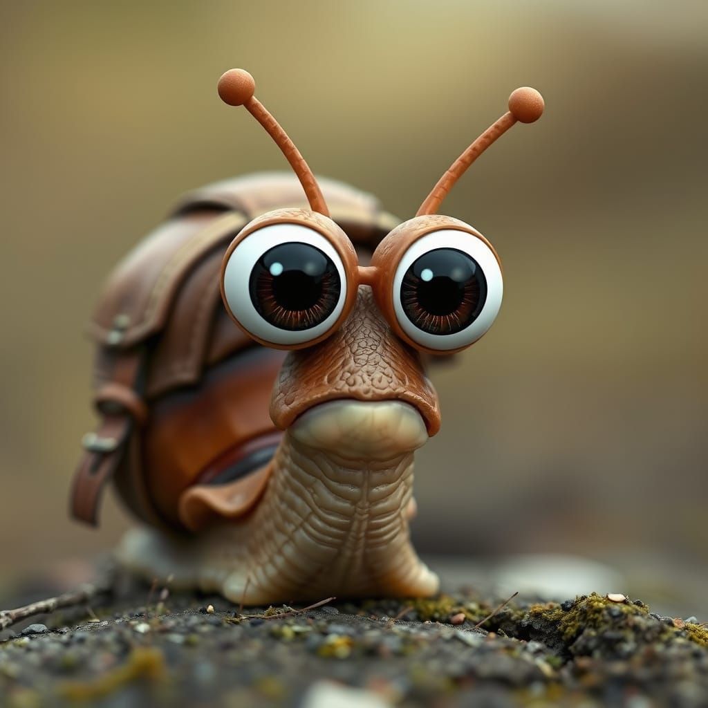 Hyperrealistic Snail with Cartoon Eyes and Backpack