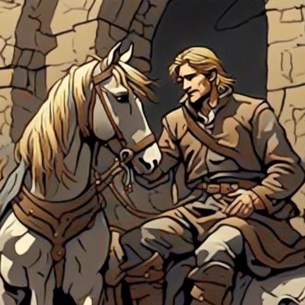 Hind Horn on Horseback Conversing with Beggar