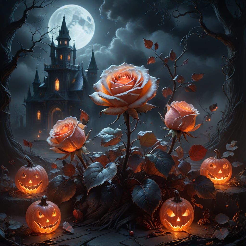 Ghostly Rose in Moonlit Pumpkin Patch Fine Art Painting