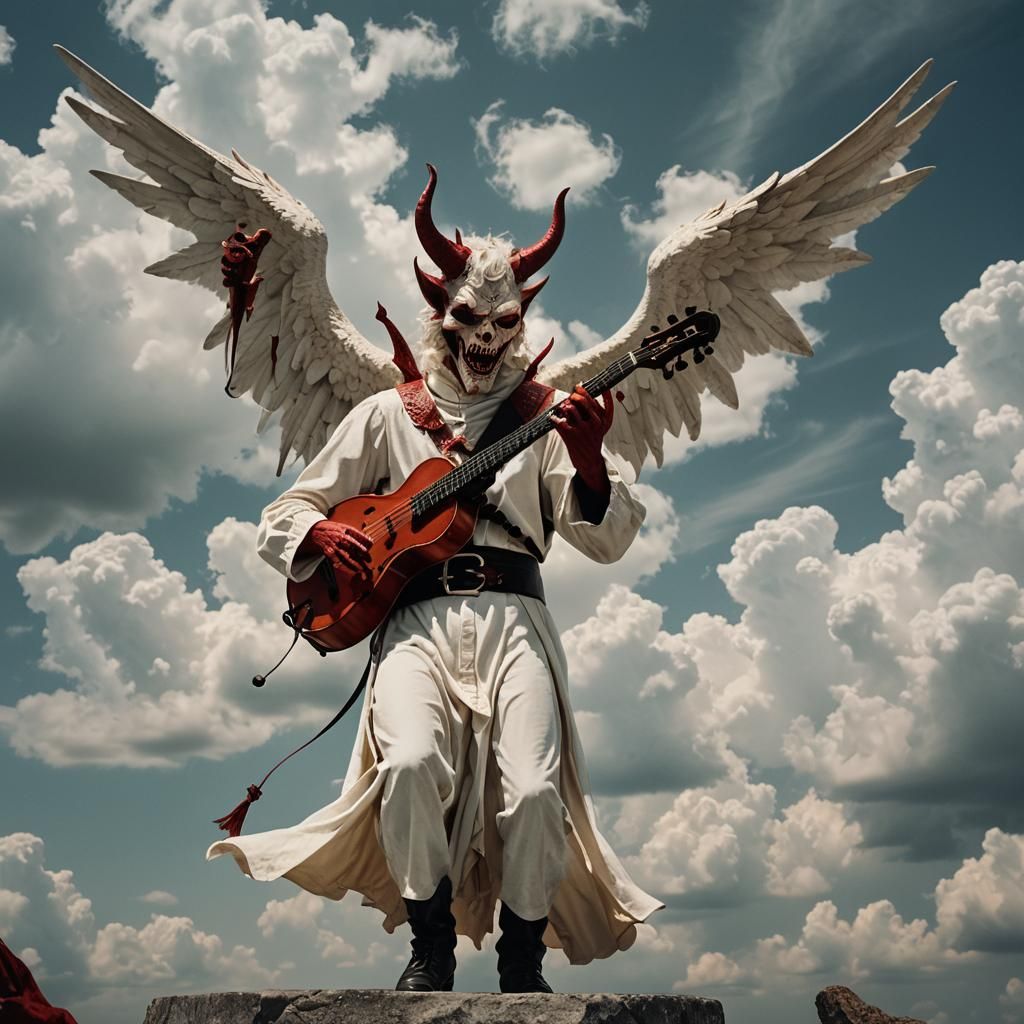 Devil Plays Violin with Angel in Clouds