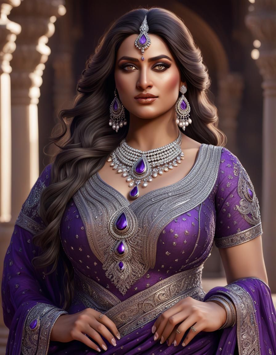 Beautiful Indian Woman in Ornate Dress, Detailed Art