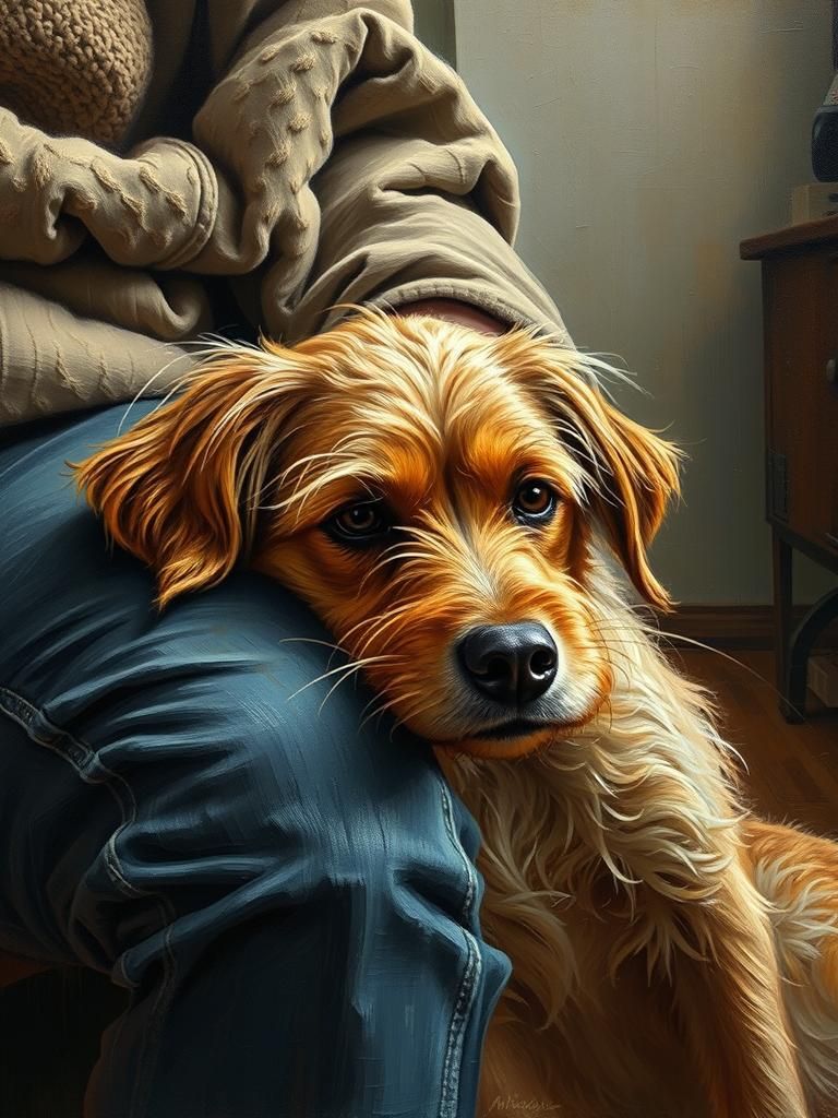 Dog Comforting Owner, Impasto Painting