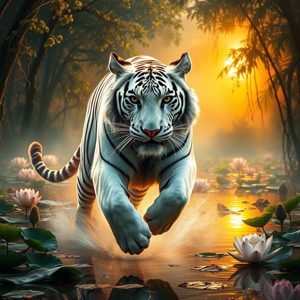 Surreal White Tiger in Misty Indian Wetlands