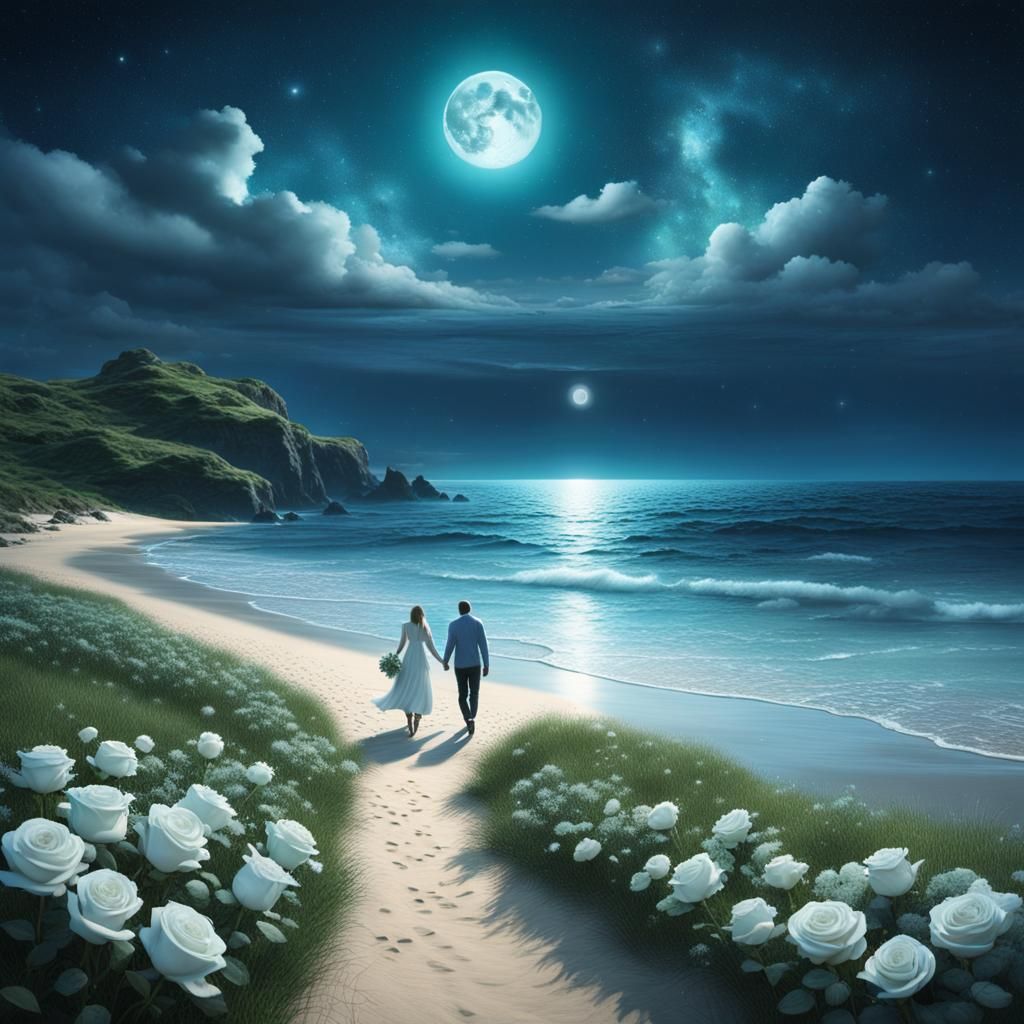 Romantic Beach Scene with Roses in Moonlight