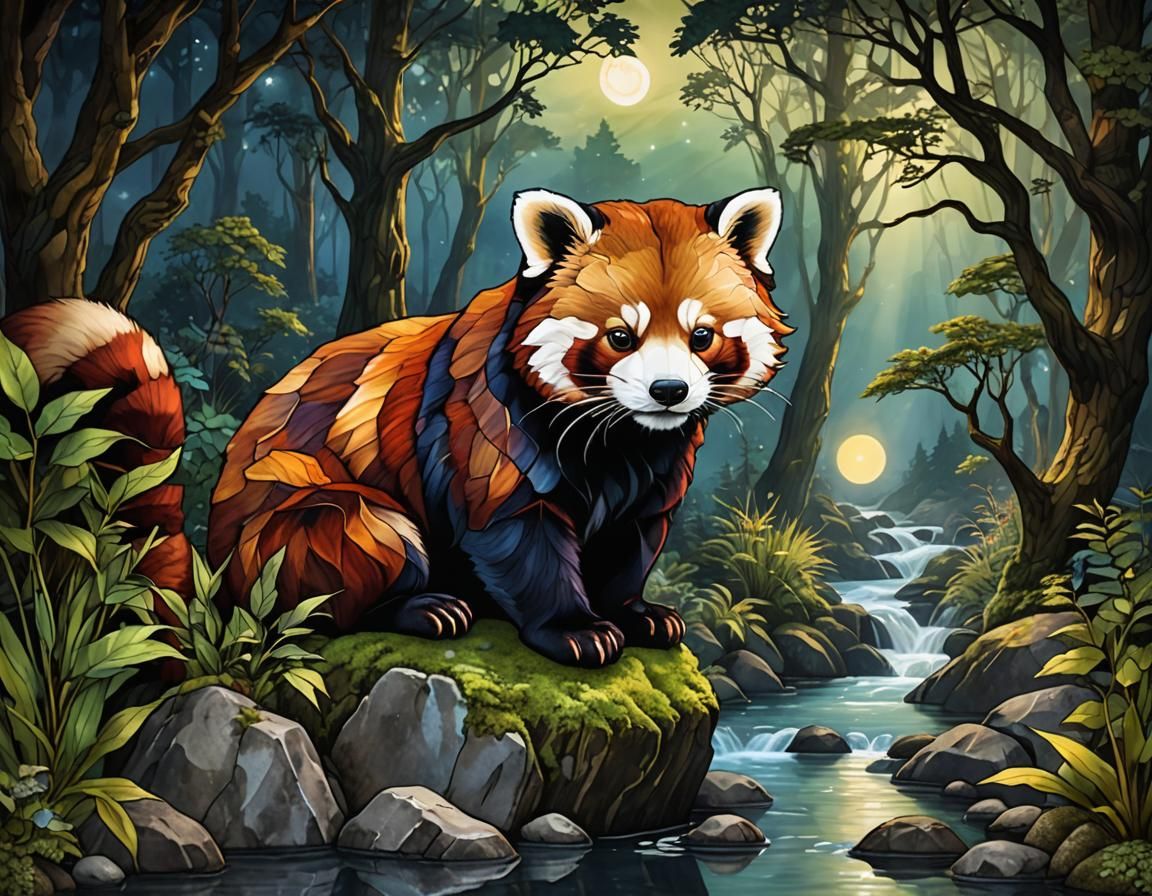 Luminous Stained Glass Red Panda in Enchanted Forest