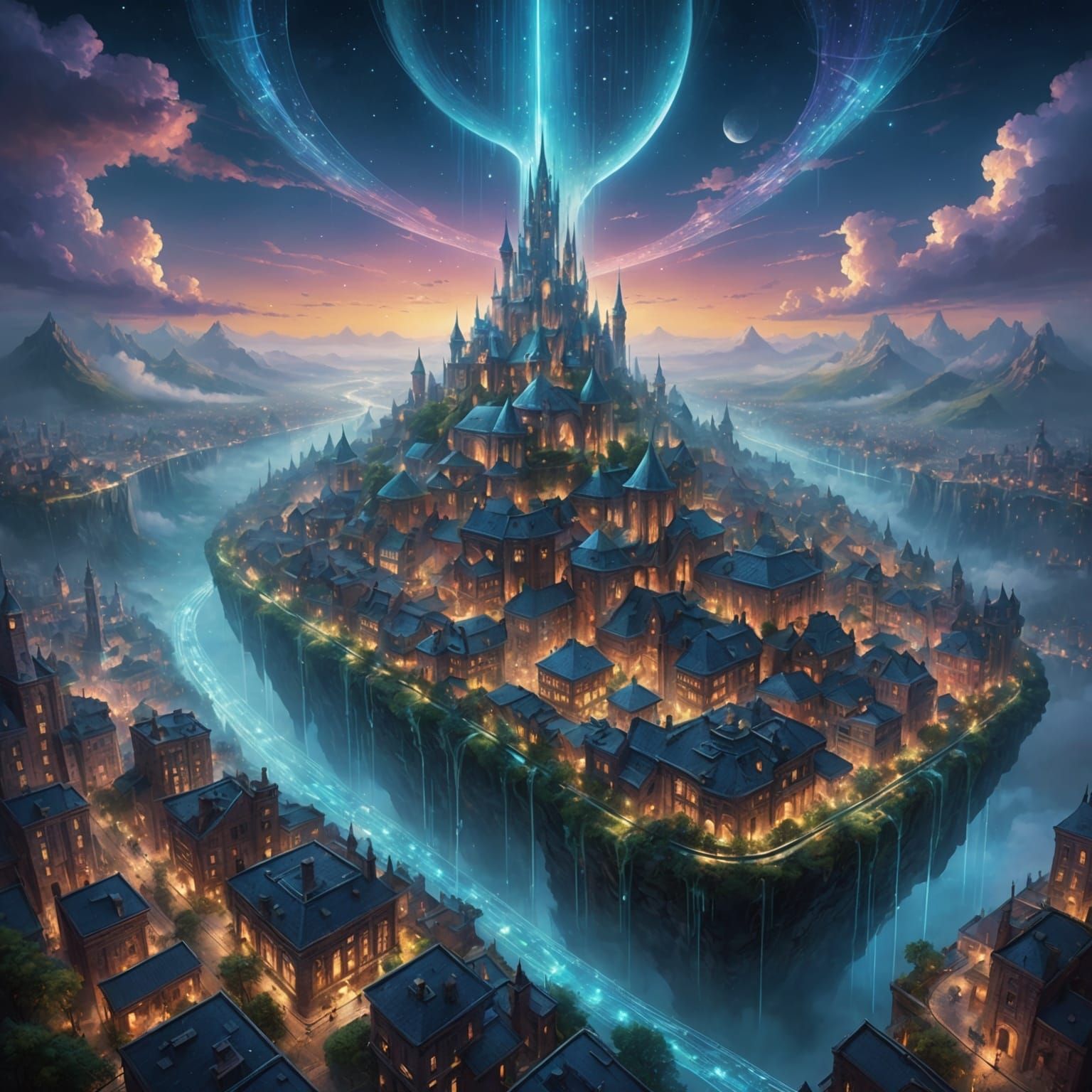 Glass City Floating Above Clouds at Night