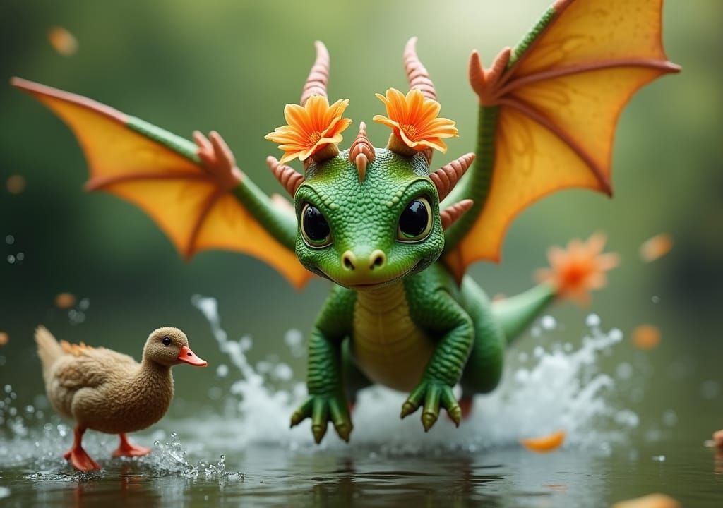 Leafy Green Dragon in Flight with Duck