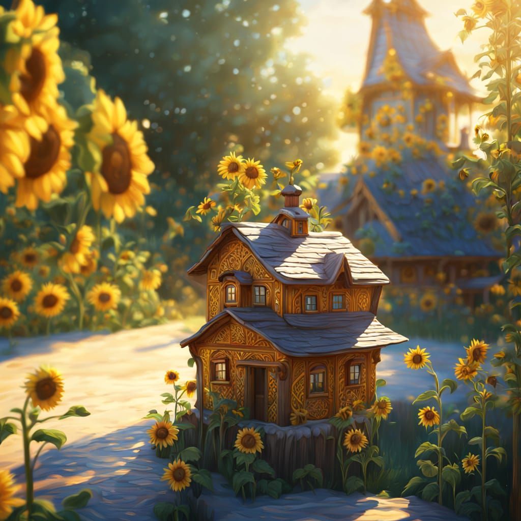 Ukrainian Style House in Sunflower Field at Golden Hour