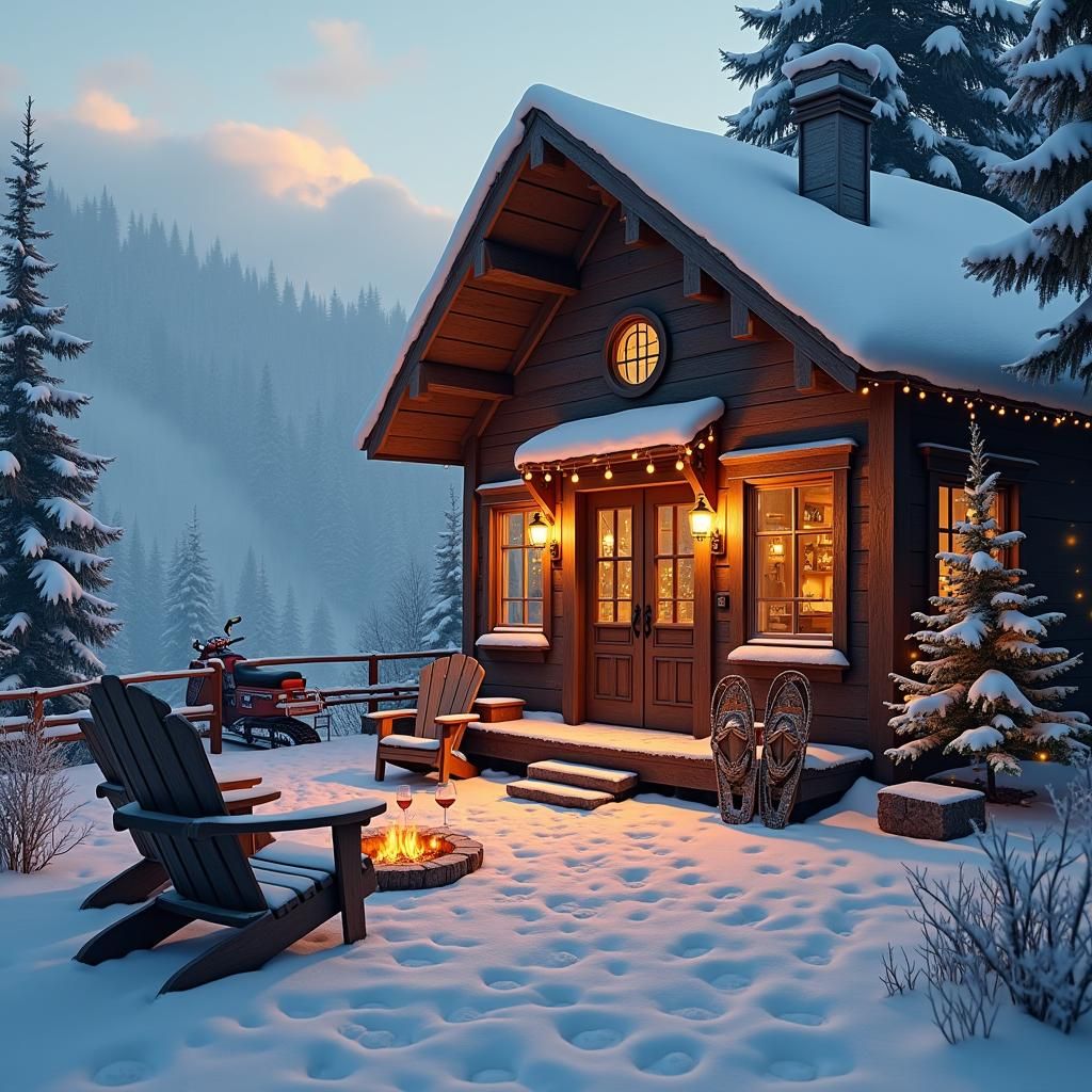 Cozy Mountain Coffee Shop in Winter Snow, Matte Painting