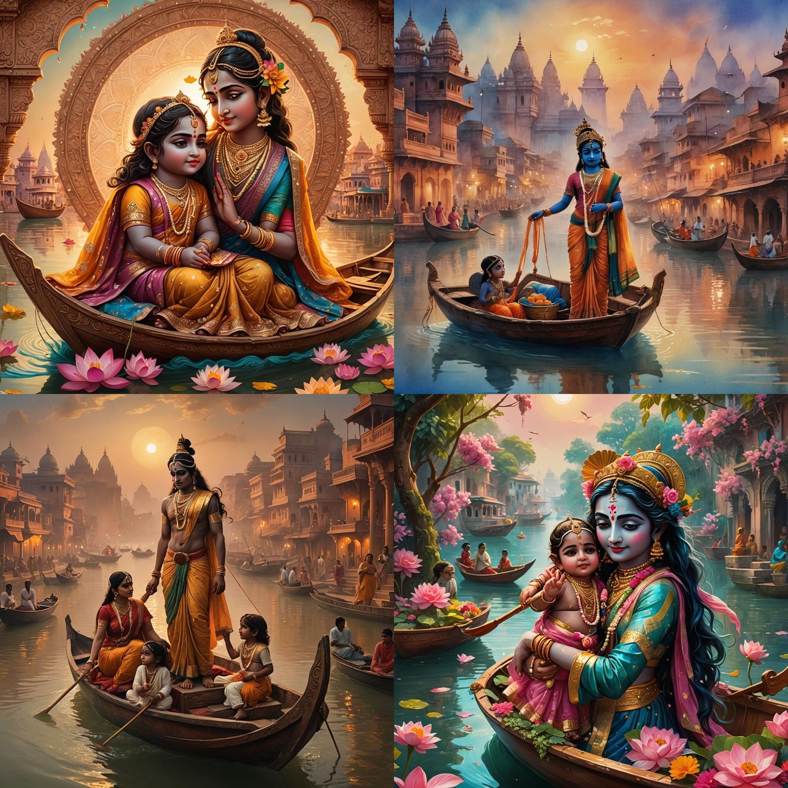 Baby Krishna and Radha Boat Ride, Fantasy Art