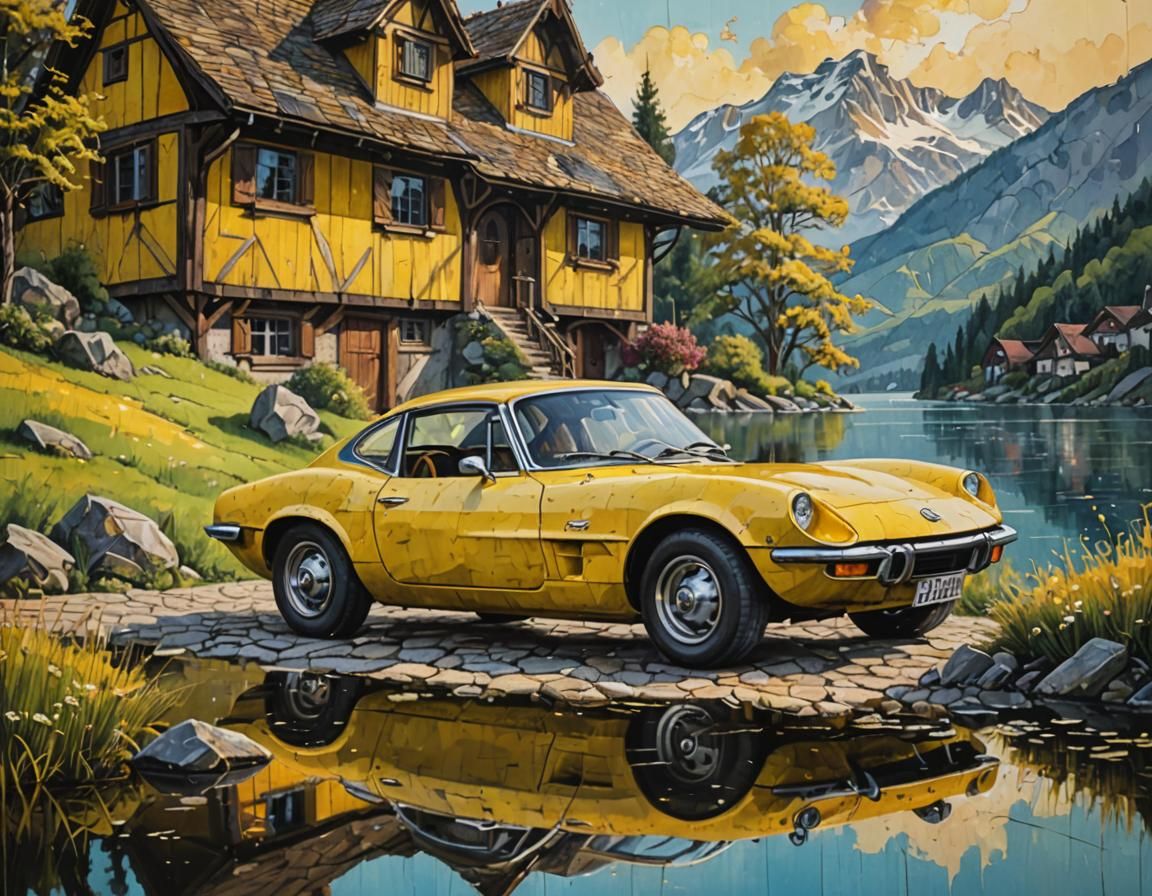 Yellow Opel GT at Mountain Lake: Acrylic Painting
