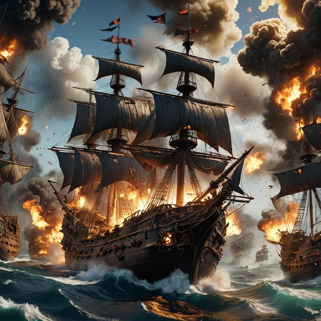 Explosive Pirate Ship Battle in Detailed Matte Painting Styl...