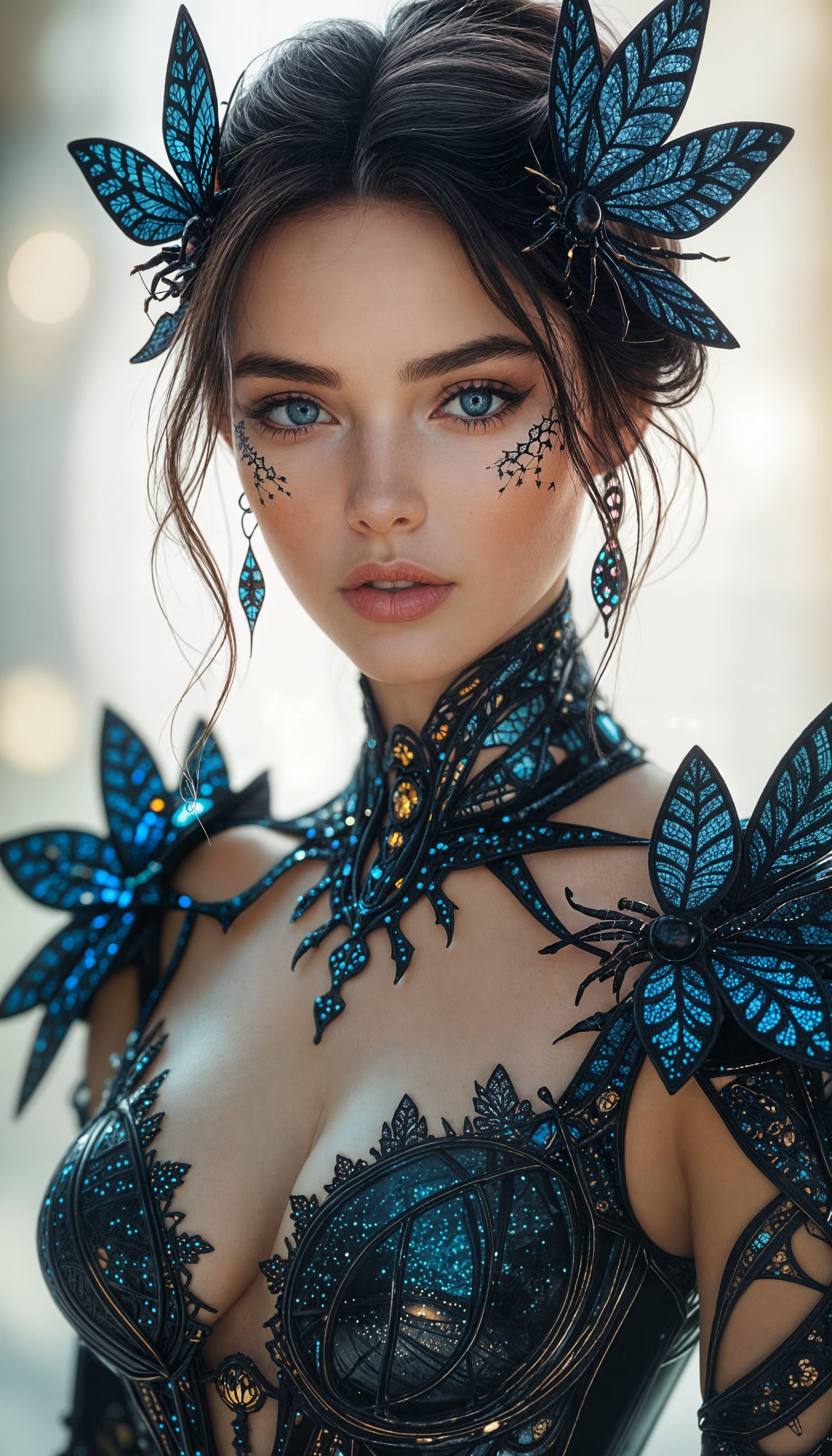 Elegant Woman in Fractal Butterfly and Scorpion Armor