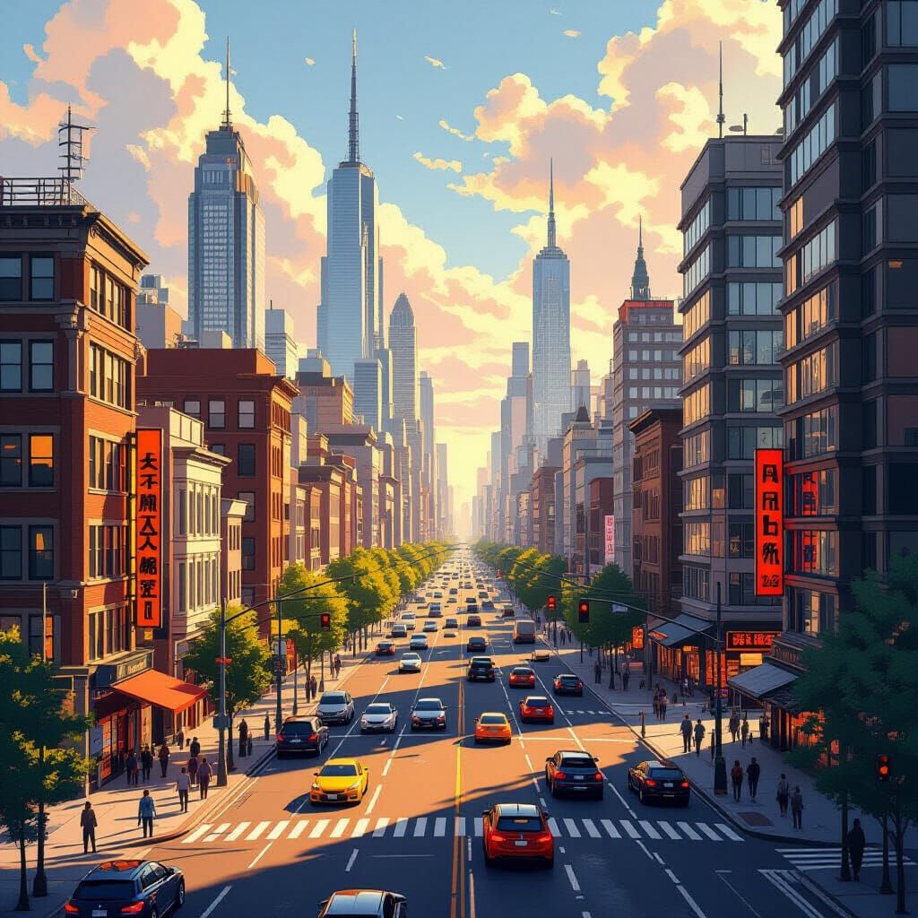 Vibrant Cityscape in Golden Light, Futuristic Architecture