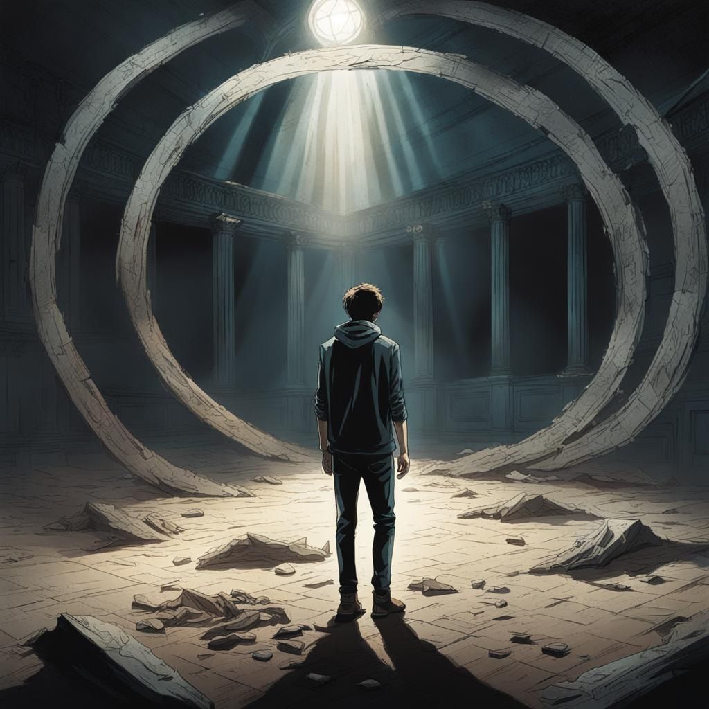 Despairing Young Man in Dark Room with Halo