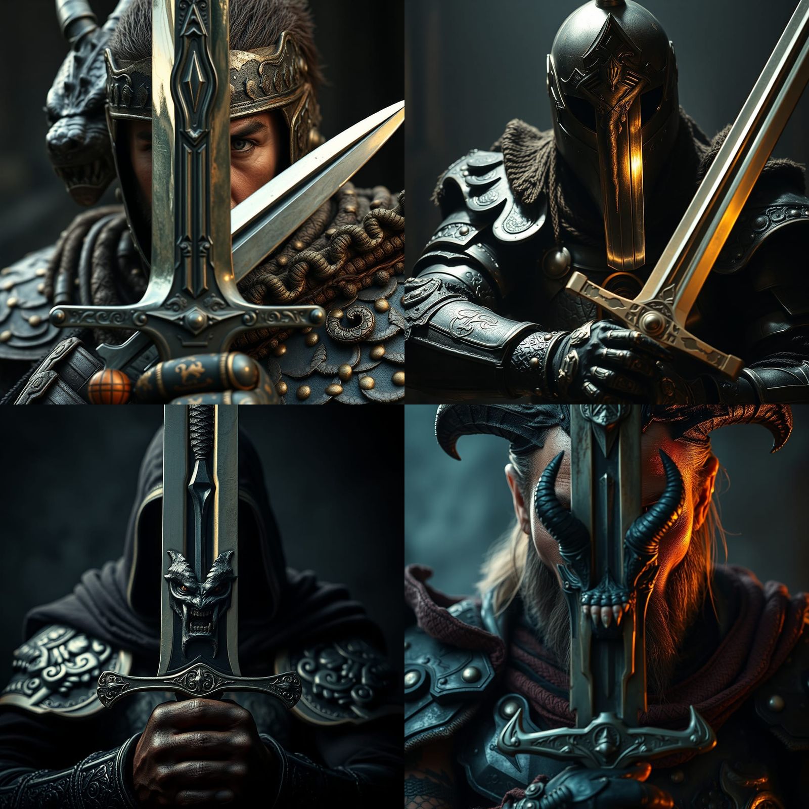 Fierce Warrior with Reflective Sword: Medieval Art