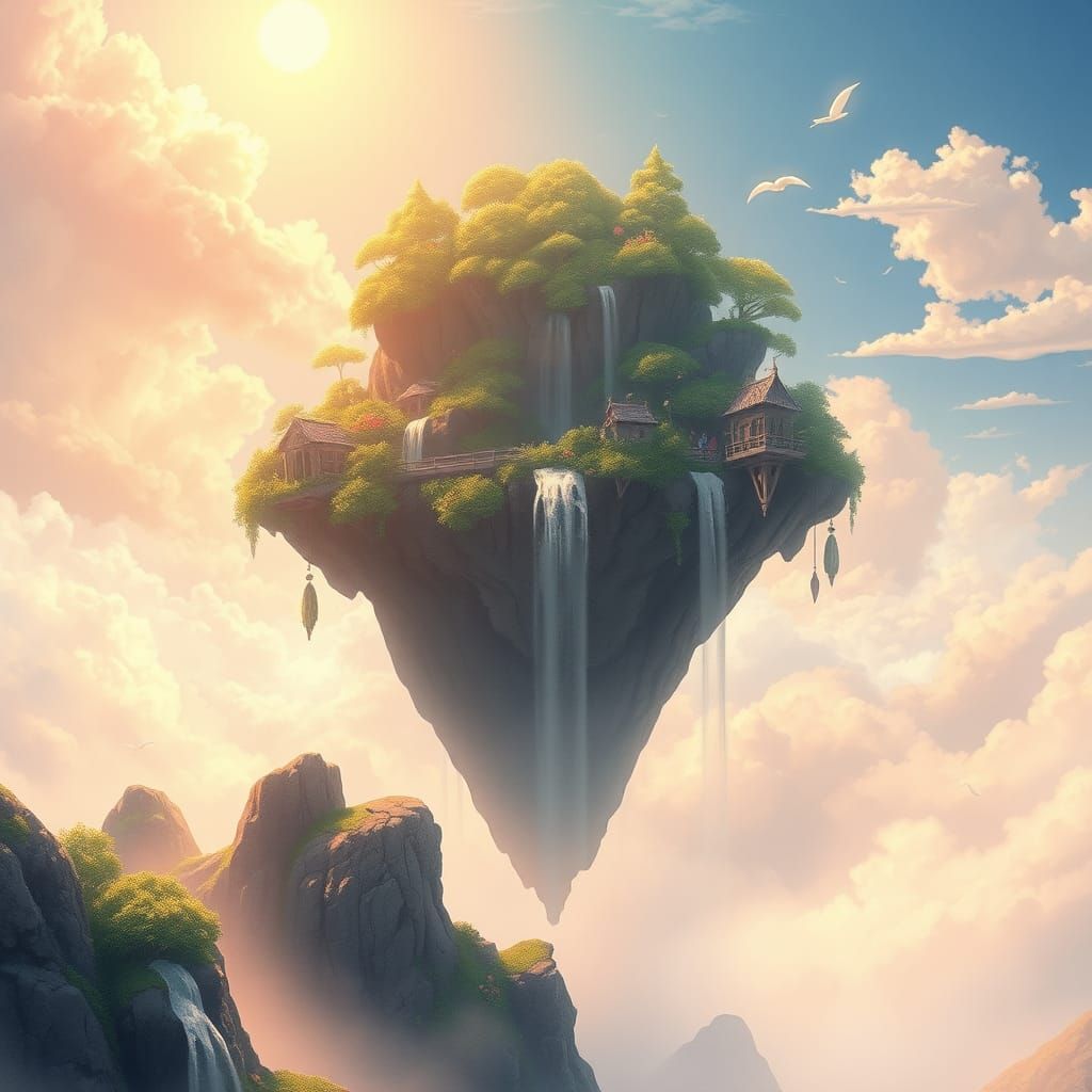 Floating Island with Sky Waterfalls: Ghibli Anime Style