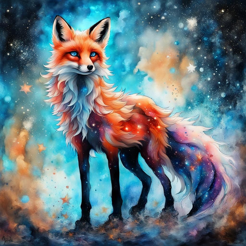 Ethereal Vermilion Fox Spirit in Watercolor Art