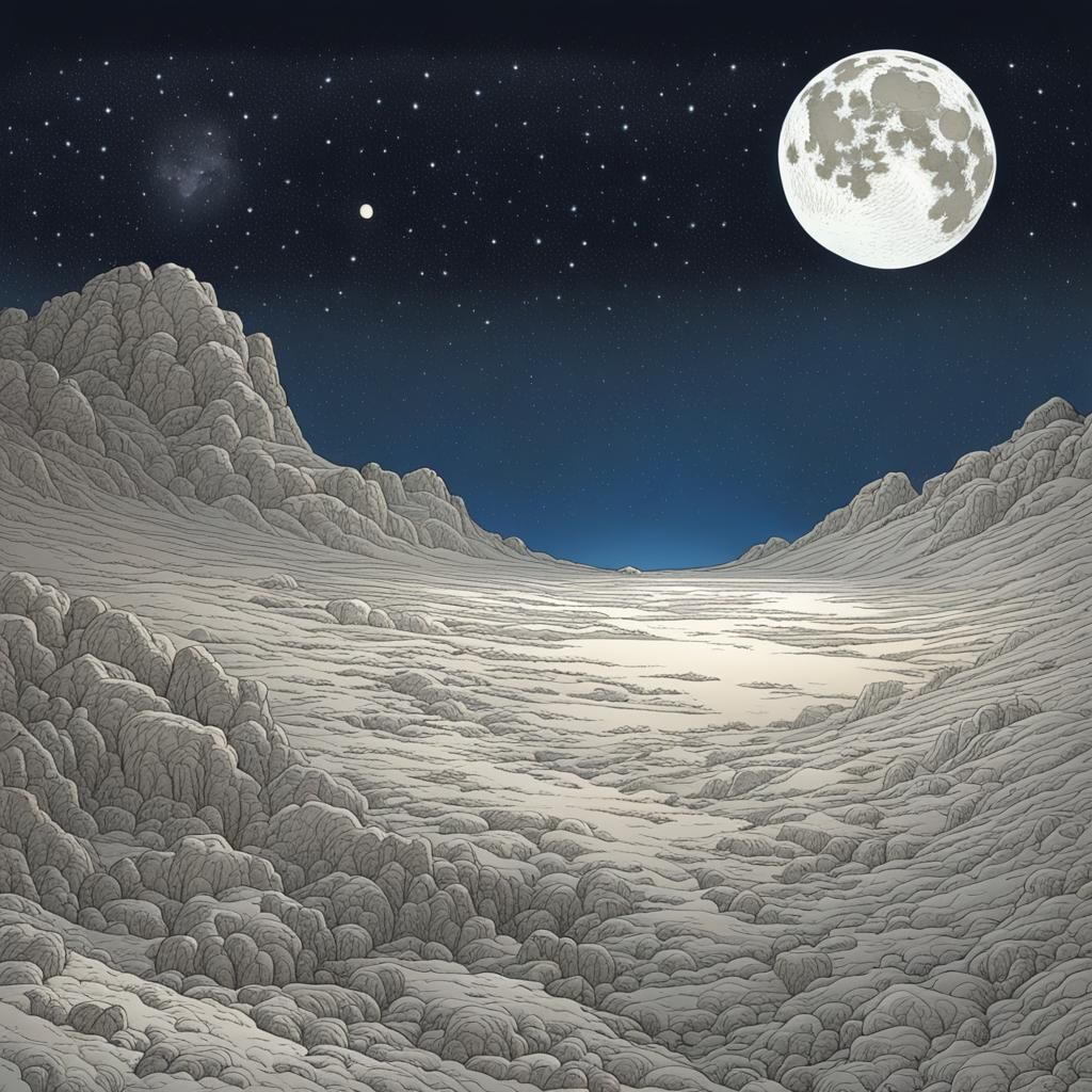 Full Moon Night Sky Illustration in Moebius Style