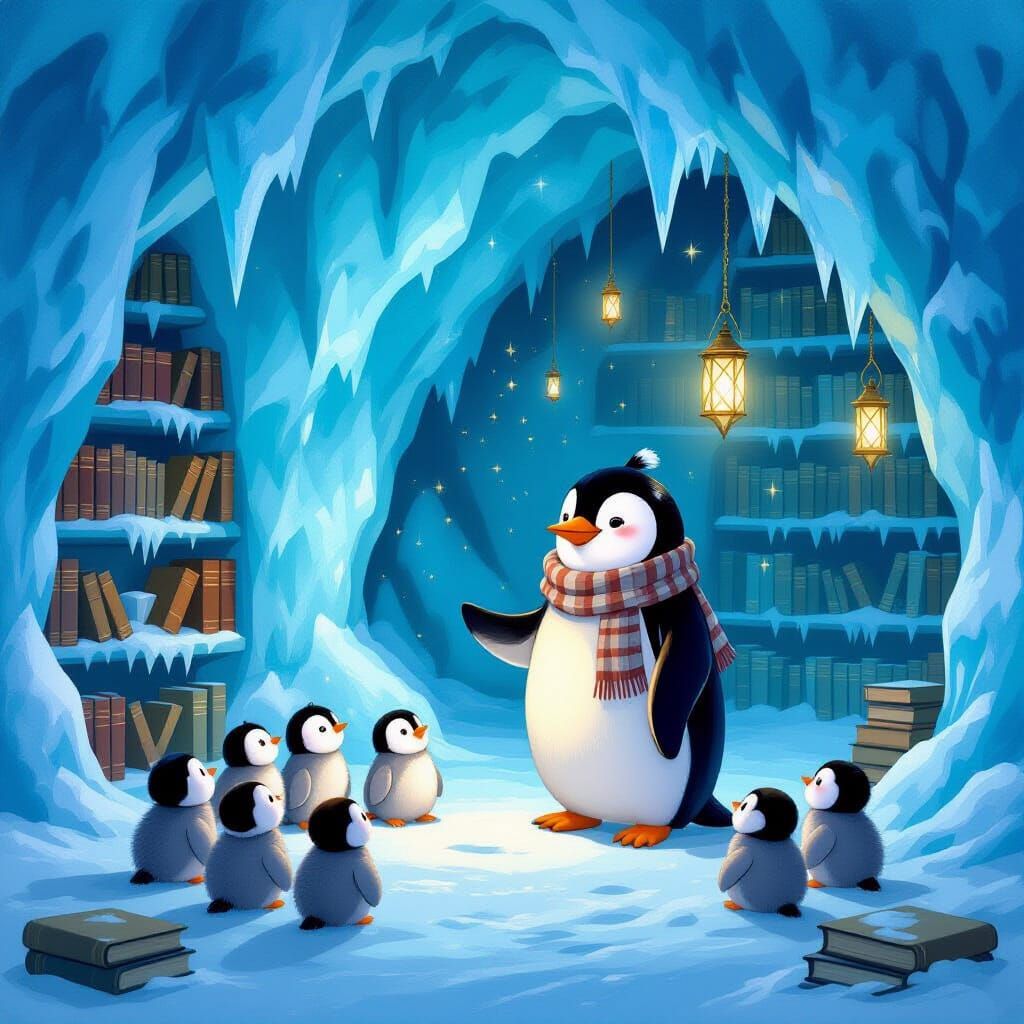 Penguin Storyteller in Ice Library with Crystal Lanterns