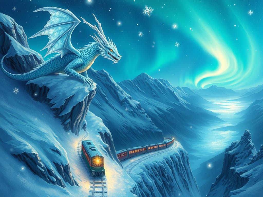 Fantastical Ice Dragon on Frozen Mountain Pass