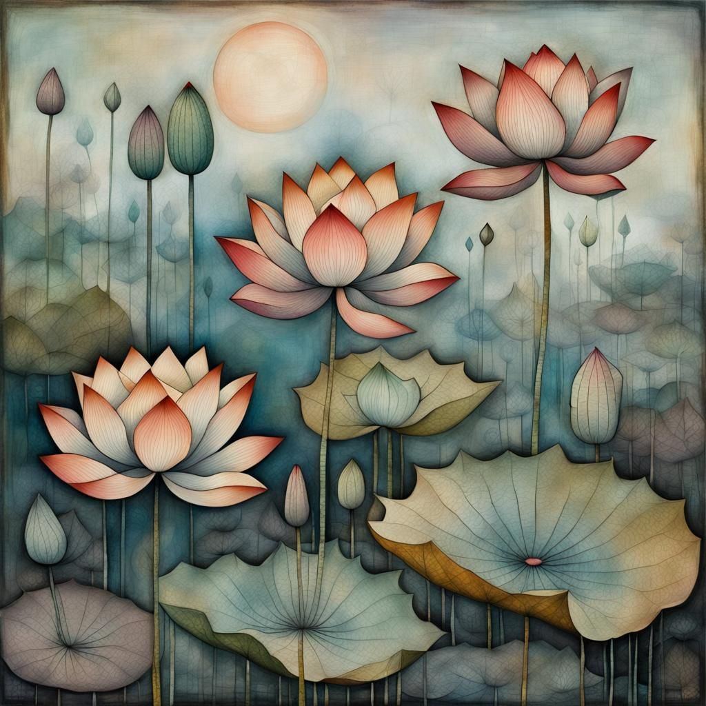 Stylized Lotus Flowers in Mist: Art Brut Style