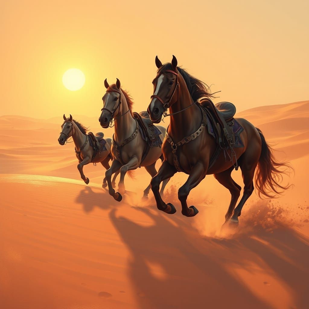 Horses in a Vibrant Desert Landscape with Golden Hour Glow