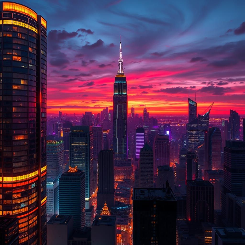 Vibrant Fluorescent Cityscape at Dusk in HDR