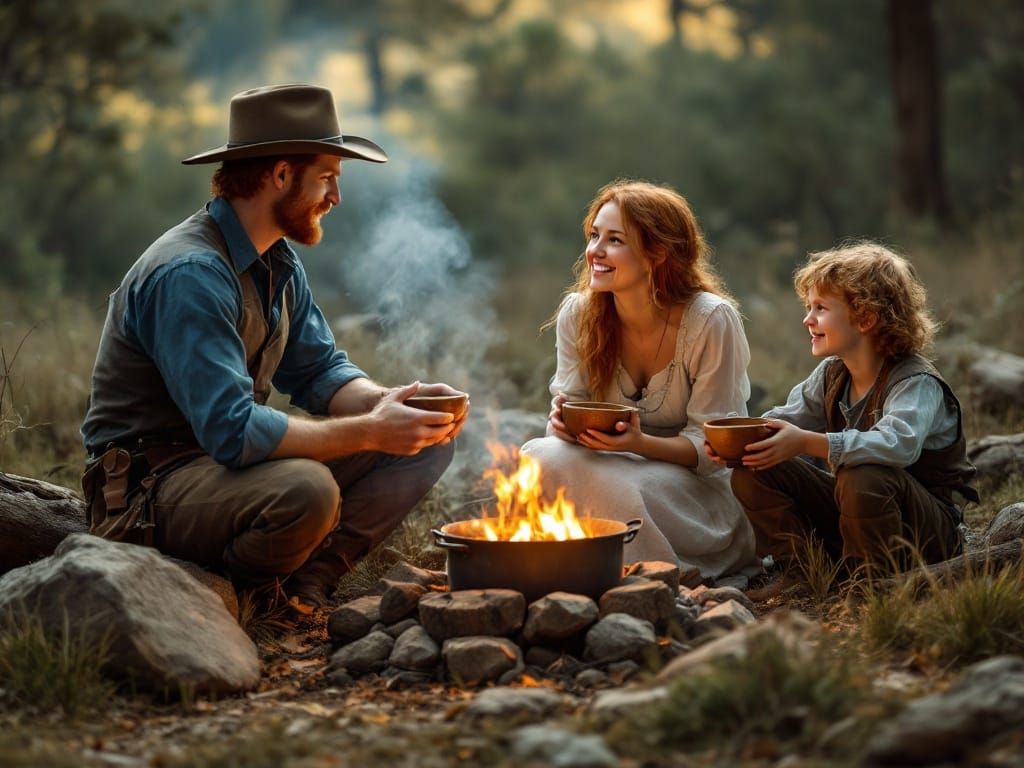Pioneer Family Gathers Around Cozy Campfire Supper in a Rust...