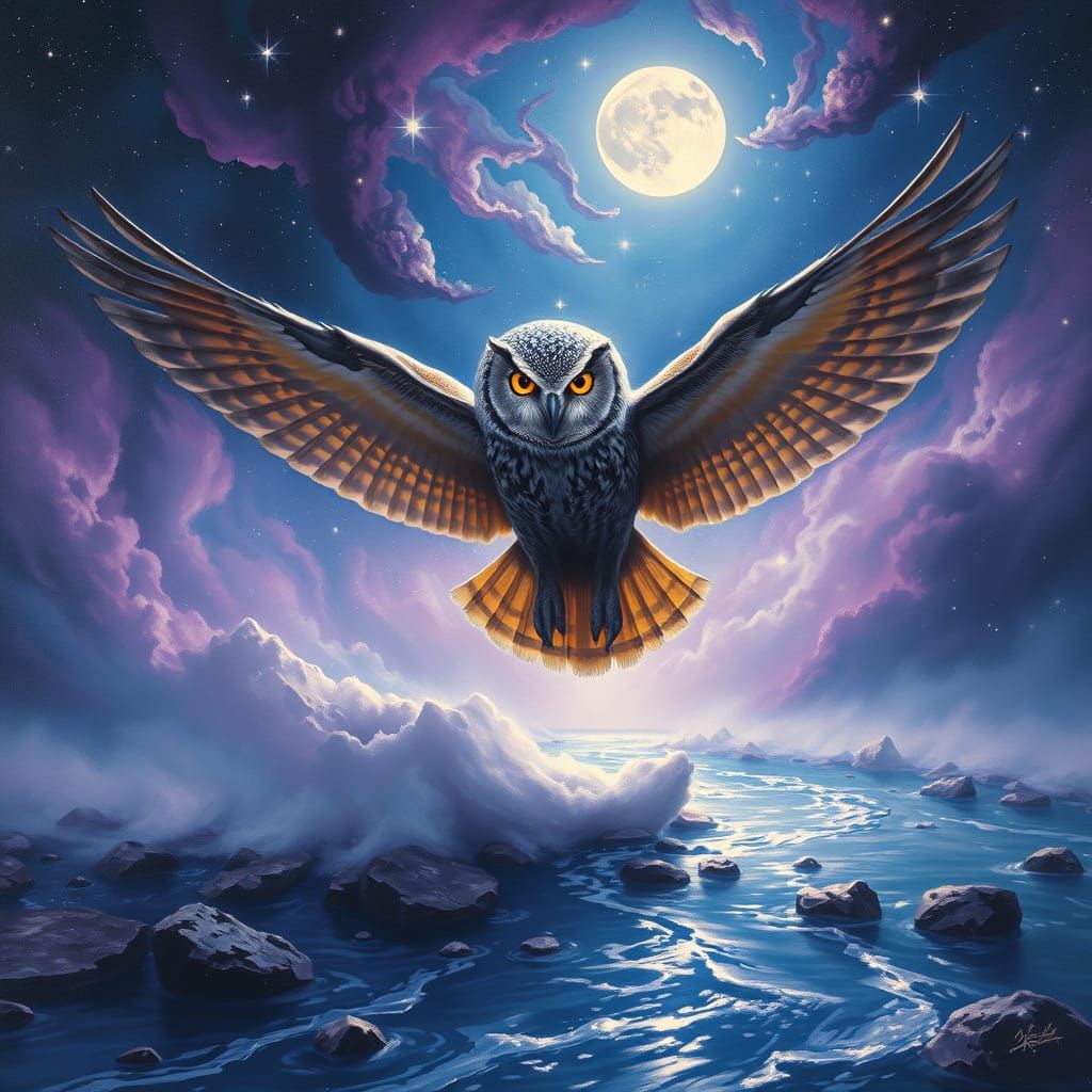 Majestic Owl Soars Through Cosmic River Oil Painting