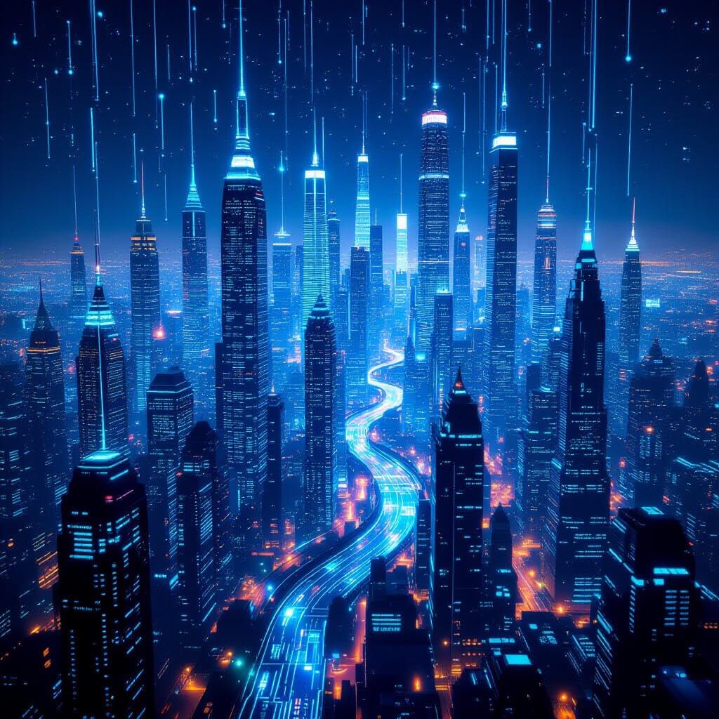 Neural Network Cityscape: Futuristic Innovation in Hyperreal...