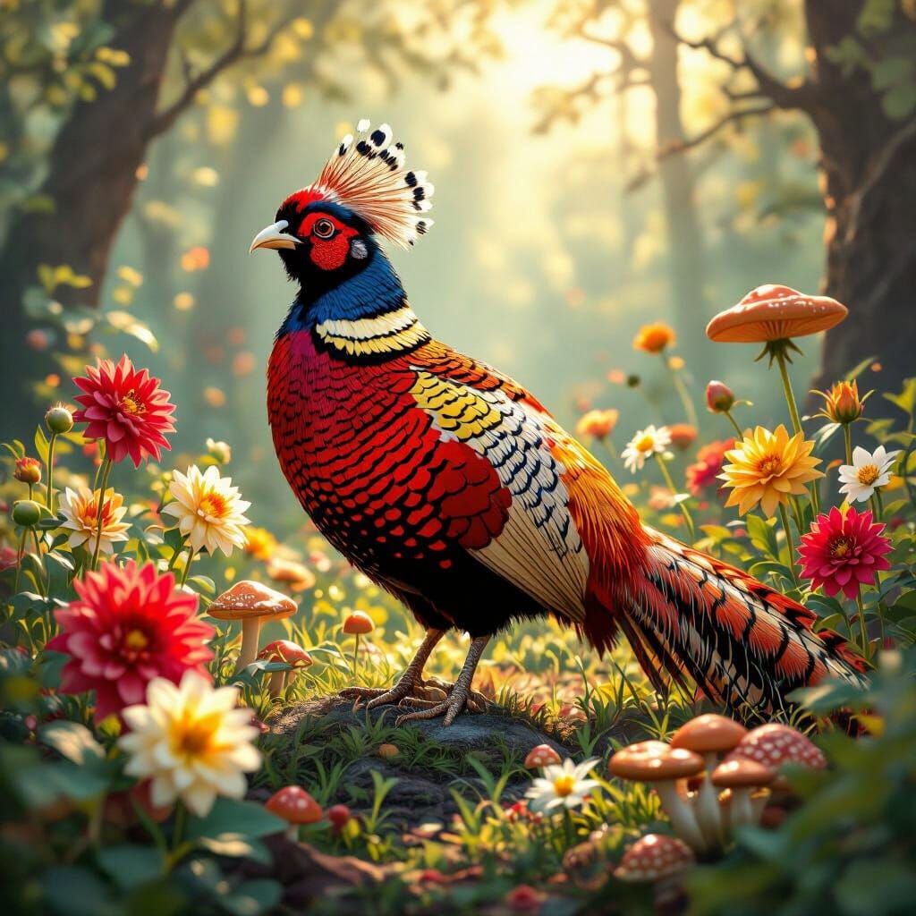 Golden Pheasant Displaying Plumage in Fantasy Forest